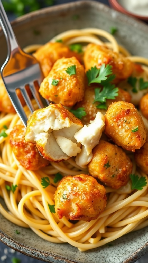 Golden garlic chicken bites served over creamy parmesan pasta, garnished with parsley.